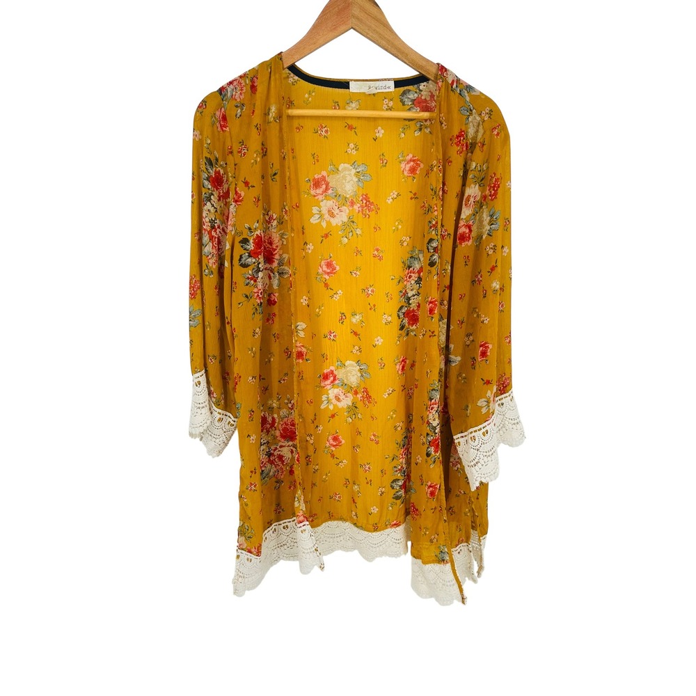 Rewind Floral Kimono Cardigan Mustard Yellow Crochet Lace Trim XL